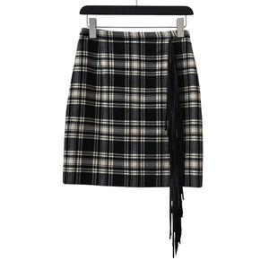 Michael Kors Collection Black Beige Tartan Leather Fringe Mini Skirt Size 6